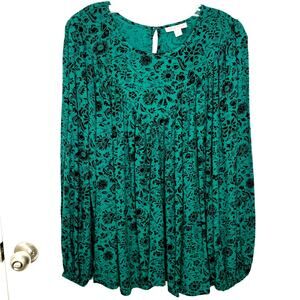 Knox Rose Wms XL Green Black Floral Tunic Popover Boho Dark Cottagecore Peasant
